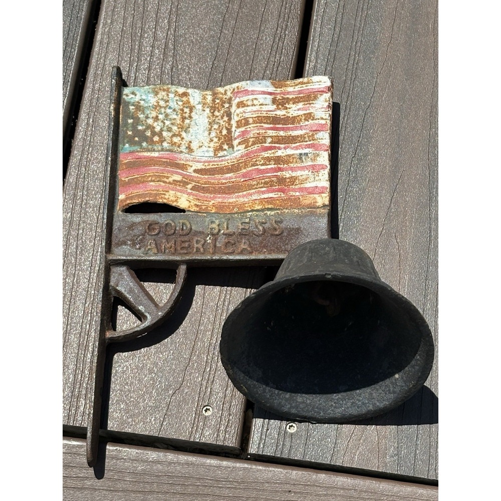 Vintage God Bless America Flag Wall Mounted Hanging Bell Sign Cast Iron